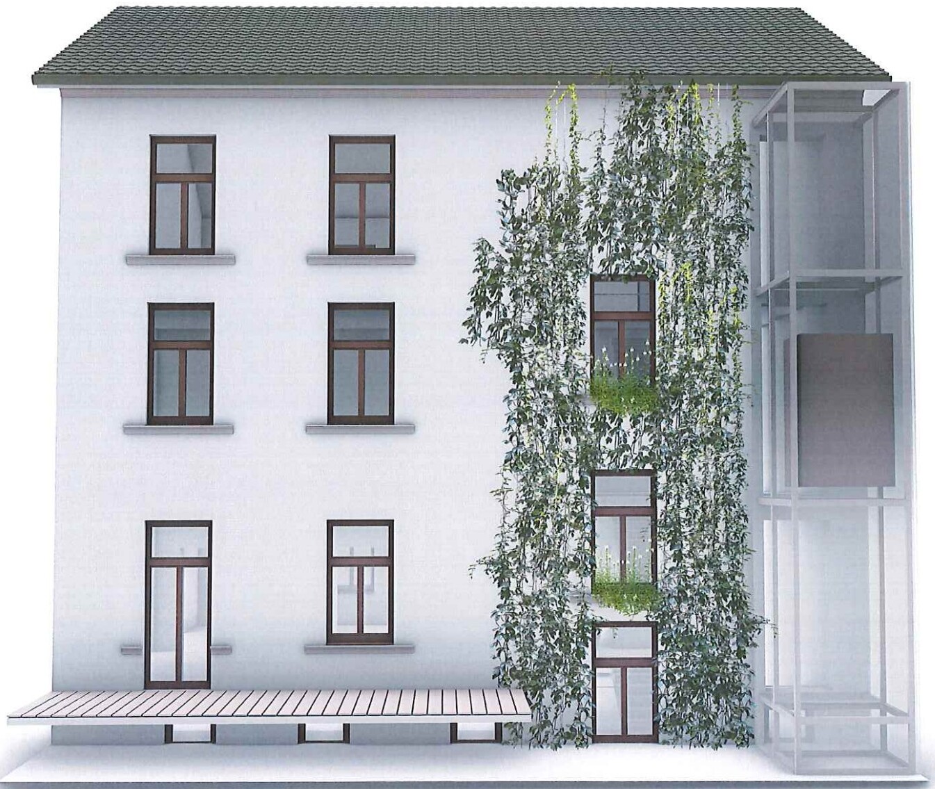 Dvorová fasáda — zelená stena a presklené átrium