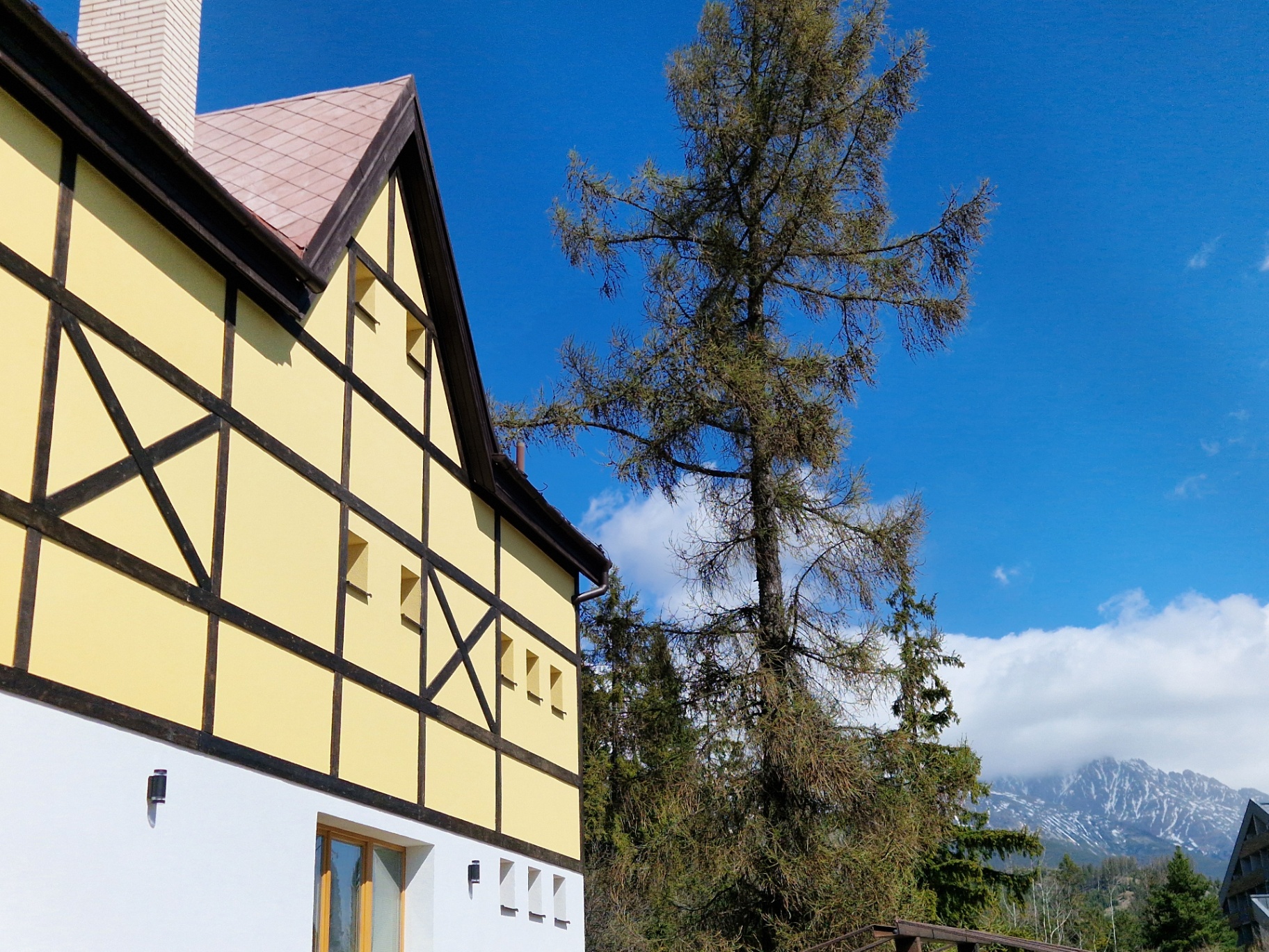 Hikers Paradise — detail novej fasády s výhľadom na hrebene Vysokých Tatier.