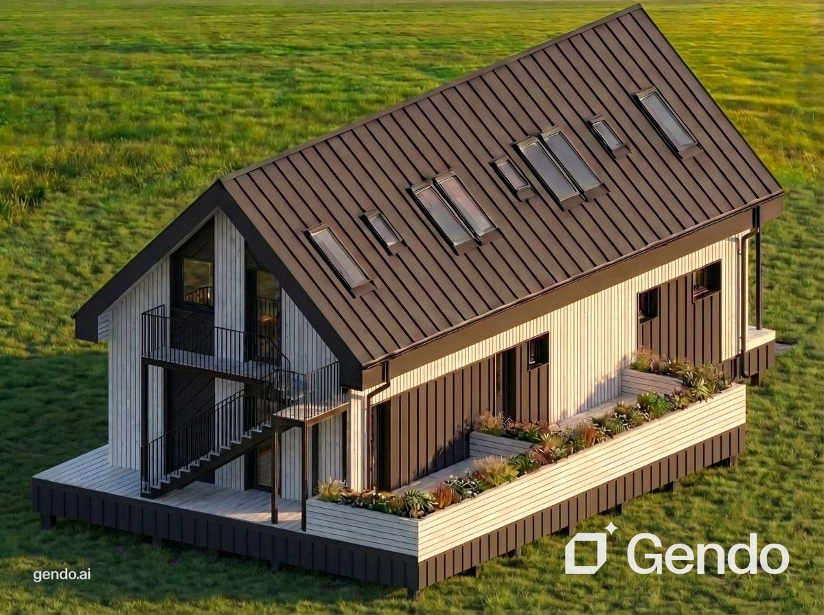Vizualizácia — celkový pohľad na hlavný objekt s novou drevenou terasou, balkónom a integrovanými truhlíkmi. Konceptuálny render hlavnej budovy bez kontextu okolia.