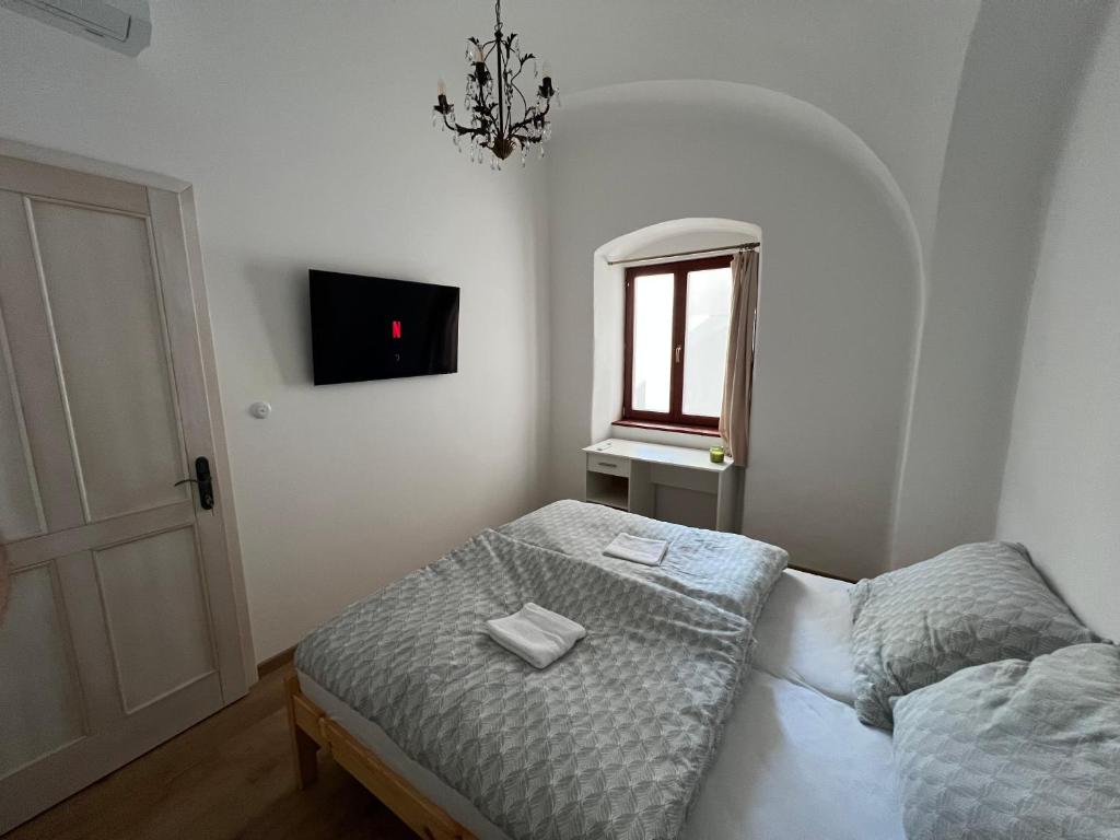 Privátna izba — zachovaná klenba, dobový lustr, súčasný štandard (TV, posteľ, pracovný stôl).